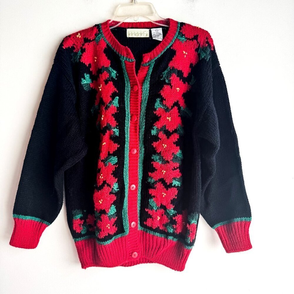 Vintage Country Romance Poinsettia Print Christmas Cardigan Sweater L